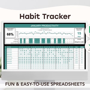 May include: A computer screen displaying a digital habit tracker for January. The tracker shows a productivity graph, a list of daily habits, and a percentage complete. The text "Habit Tracker" is at the top, with "Fun & Easy-to-Use Spreadsheets" at the bottom.