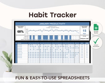 May include: A computer screen displaying a habit tracker spreadsheet with a blue and white color scheme. The spreadsheet includes a graph showing productivity over time, a table for tracking daily habits, and a section for calculating average monthly productivity. The text "Habit Tracker" is displayed at the top of the screen. The text "JANUARY PRODUCTIVITY" is displayed in a blue box. The text "FUN & EASY-TO-USE SPREADSHEETS" is displayed at the bottom of the screen.