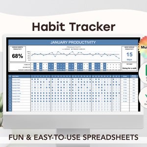 May include: A computer screen displaying a habit tracker spreadsheet with a blue and white color scheme. The spreadsheet includes a graph showing productivity over time, a table for tracking daily habits, and a section for calculating average monthly productivity. The text "Habit Tracker" is displayed at the top of the screen. The text "JANUARY PRODUCTIVITY" is displayed in the upper right corner of the screen. The text "Going for a walk" is displayed in the lower right corner of the screen. The text "15 days" is displayed in the upper right corner of the screen. The text "68%" is displayed in the upper left corner of the screen. The text "Multicolor" is displayed in the upper right corner of the screen. The text "Google Sheets" is displayed in the lower right corner of the screen. The text "Instant Download" is displayed in the lower right corner of the screen.
