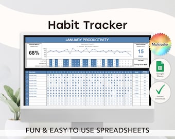 May include: A computer screen displaying a habit tracker spreadsheet with a blue and white color scheme. The spreadsheet includes a graph showing productivity over time, a table for tracking daily habits, and a section for calculating average monthly productivity. The text "Habit Tracker" is displayed at the top of the screen. The text "JANUARY PRODUCTIVITY" is displayed in the upper right corner of the screen. The text "Going for a walk" is displayed in the lower right corner of the screen. The text "15 days" is displayed in the upper right corner of the screen. The text "68%" is displayed in the upper left corner of the screen. The text "Multicolor" is displayed in the upper right corner of the screen. The text "Google Sheets" is displayed in the lower right corner of the screen. The text "Instant Download" is displayed in the lower right corner of the screen.