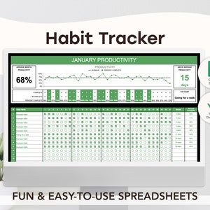 May include: A computer screen displaying a green and white habit tracker spreadsheet with the title "Habit Tracker" and "January Productivity". The spreadsheet includes a graph, a list of habits, and a calendar for tracking progress. The text "Google Sheets" and "Instant Download" are also visible on the screen.