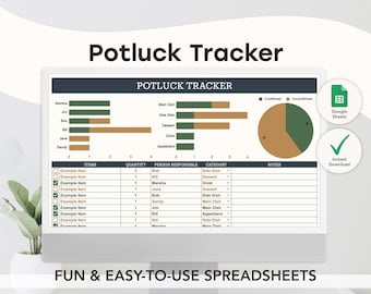 May include: A computer screen displaying a spreadsheet titled "Potluck Tracker" with a green and brown pie chart showing confirmed and unconfirmed attendees. The spreadsheet includes columns for items, quantity, person responsible, category, and notes. The spreadsheet is designed to help organize a potluck dinner.
