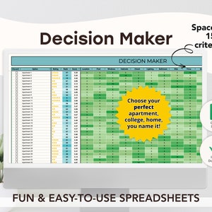 Könnte beinhalten: Ein Computerbildschirm zeigt eine Tabellenkalkulation mit dem Titel "Decision Maker" in einem grün-weißen Farbschema. Die Tabellenkalkulation soll Benutzern helfen, Entscheidungen zu treffen, indem sie Optionen anhand verschiedener Kriterien bewerten. Der Text "Wählen Sie Ihre perfekte Wohnung, Ihr College, Ihr Zuhause, nennen Sie es einfach!" wird auf dem Bildschirm angezeigt. Das Bild enthält auch ein grünes Häkchen und ein Google Sheets-Symbol.