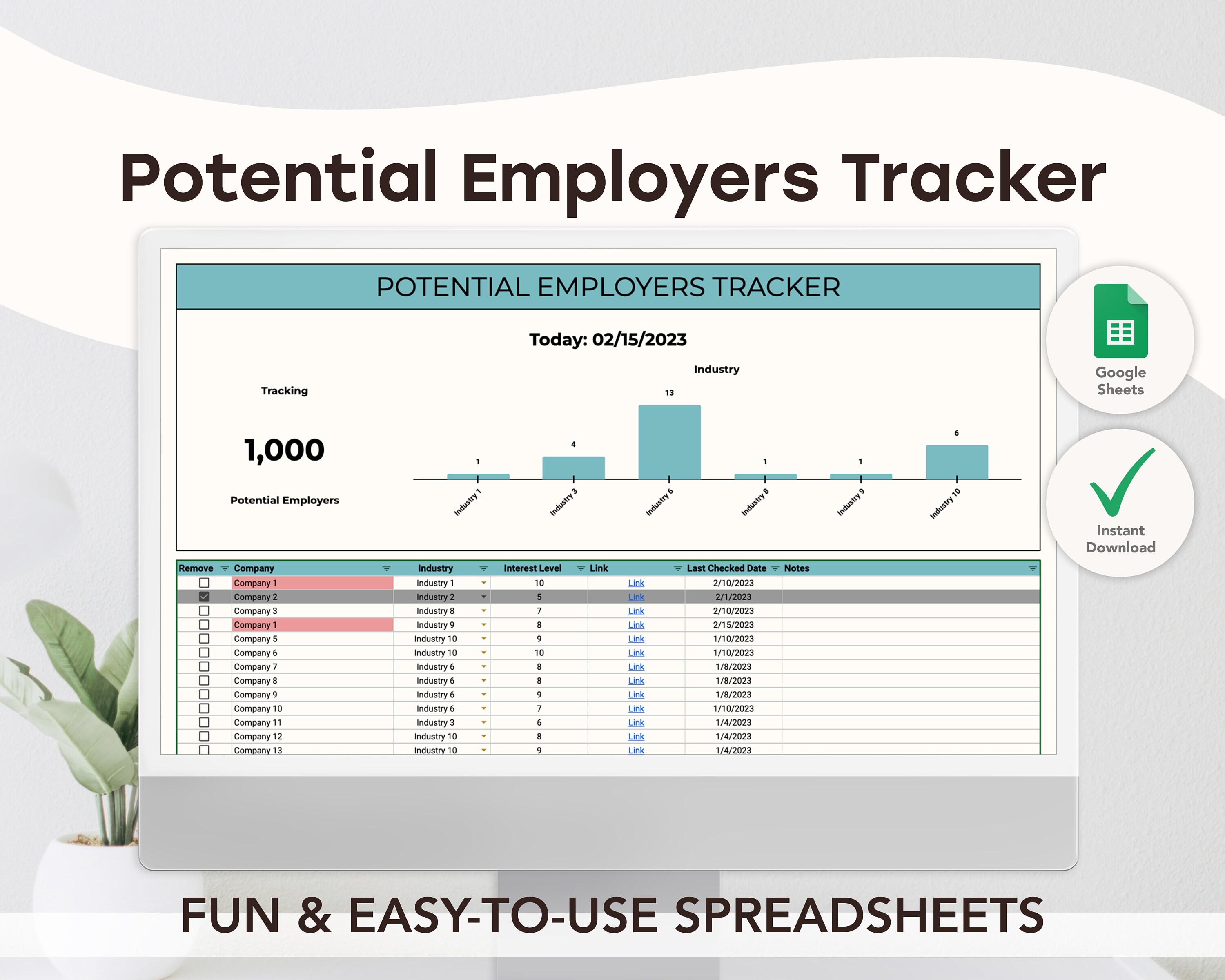 Potential Employers Tracker | Job Search | Google Sheets Template | Digital | Editable