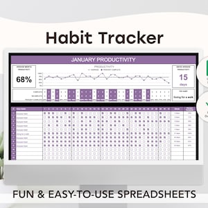 May include: A computer monitor displays a purple and white habit tracker spreadsheet. The spreadsheet shows a monthly productivity chart, habit tracking boxes, and the text "Habit Tracker." The text "FUN & EASY-TO-USE SPREADSHEETS" is at the bottom.