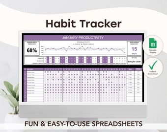 May include: A computer monitor displays a purple and white habit tracker spreadsheet. The spreadsheet shows a monthly productivity chart, habit tracking boxes, and the text "Habit Tracker." The text "FUN & EASY-TO-USE SPREADSHEETS" is at the bottom.