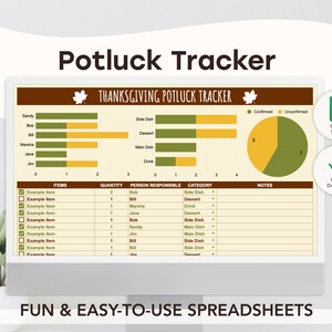 Könnte beinhalten: Eine Thanksgiving-Potluck-Tracker-Spreadsheet-Vorlage mit einem grün-gelben Farbschema. Die Tabelle enthält eine Liste der Artikel, die Menge, die verantwortliche Person, die Kategorie und Notizen. Die Tabelle enthält auch ein Diagramm, das die Anzahl der bestätigten und nicht bestätigten Artikel zeigt.