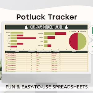 Op de afbeelding: Een computerscherm met een kerstpotluck-tracker spreadsheet met een groen-rood kleurenschema. De spreadsheet bevat kolommen voor items, hoeveelheid, verantwoordelijke persoon, categorie en notities. Een cirkeldiagram toont het aantal bevestigde en onbevestigde items. De tekst "Christmas Potluck Tracker" staat bovenaan de spreadsheet.