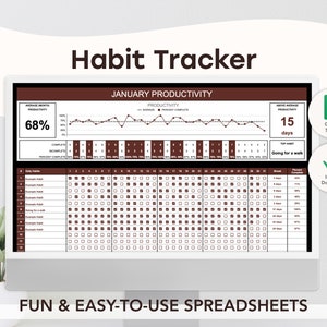 May include: A brown and white habit tracker spreadsheet with a line graph showing productivity for January. The spreadsheet includes a section for daily habits and a section for streak and percent complete. The text "Habit Tracker" is at the top of the spreadsheet. The text "JANUARY PRODUCTIVITY" is in the middle of the spreadsheet. The text "Google Sheets" is in the upper right corner of the spreadsheet. The text "Instant Download" is in the lower right corner of the spreadsheet.