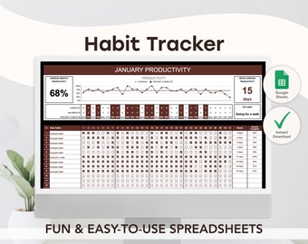 May include: A brown and white habit tracker spreadsheet with a line graph showing productivity for January. The spreadsheet includes a section for daily habits and a section for streak and percent complete. The text "Habit Tracker" is at the top of the spreadsheet. The text "JANUARY PRODUCTIVITY" is in the middle of the spreadsheet. The text "Google Sheets" is in the upper right corner of the spreadsheet. The text "Instant Download" is in the lower right corner of the spreadsheet.