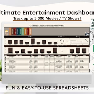 Può includere: Uno schermo di computer che mostra un foglio di calcolo di Google Sheets intitolato "Ultimate Entertainment Dashboard". Il foglio di calcolo è progettato per tenere traccia di film e programmi TV, con colonne per la piattaforma, il genere, la data di rilascio, lo stato e la valutazione. Il foglio di calcolo include anche grafici e diagrammi per visualizzare i dati. Il testo "Your Top 30 get a place on the shelf!" è visualizzato nell'angolo in alto a destra dello schermo. Il testo "FUN & EASY-TO-USE SPREADSHEETS" è visualizzato sotto lo schermo.