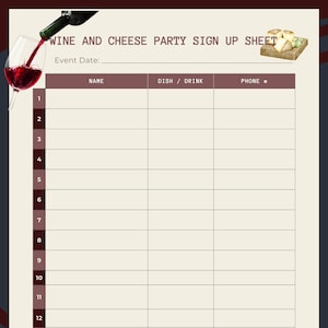 Wine and Cheese Party Sign Up Sheet, Printable, Instant Downlead, Holiday Party