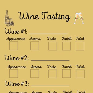 May include: A printable wine tasting scorecard with a yellow background. The scorecard has three sections for rating wine appearance, aroma, taste, finish, and total score. The scorecard includes the text "Wine Tasting" and "Score: 1-low, 5-high".
