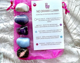 Pode incluir: Uma bolsa de organza rosa cheia de cinco cristais de diferentes cores. A bolsa tem uma etiqueta branca com o texto "No Drama Llama" e uma descrição dos cristais e suas propriedades. Os cristais são howlita branca, ametista, quartzo azul, angelita e rodonita.