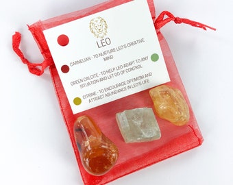 Pode incluir: Uma bolsa de malha vermelha com um cartão branco que diz "LEO" e lista três cristais: cornalina, calcita verde e citrino. O cartão descreve as propriedades de cada cristal para o signo do zodíaco Leão.