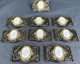 Vintage Western Gürtelschnalle mit silberfarbenem Metalleinsatz und Gemme. Lot von 9