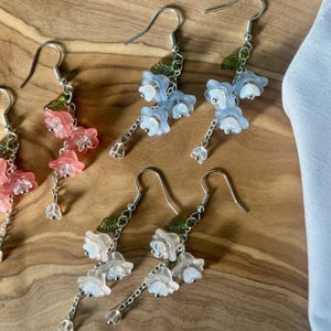 Bellflower Earrings, Glass Floral and Leaf Drop Earrings - Etsy