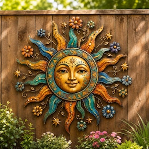 May include: A metal sun wall decor with a smiling face, surrounded by orange, blue, and gold rays, flowers, and stars. The sun is mounted on a wooden fence, creating a whimsical garden accent.