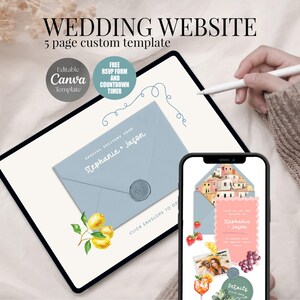 a wedding website with a 5-page custom template, including a free RSVP form and countdown timer. The website is designed to be interactive, with a person's hand holding a stylus pen over the envelope, suggesting the ability to create and customize wedding invitations or other elements.