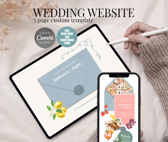 Wedding Website with RSVP: Mediterranean Vibe Illustrated Canva Template #WL3