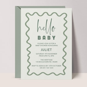 Gender Neutral Baby Shower Invitation Template | Sage Green Baby Shower Invitation | Editable Wavy Border Invite | Instant Download | WAVY