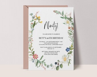 Plantilla de invitación floral para el 90 cumpleaños: Invitación de flores silvestres, imprimible al instante para el 90 cumpleaños, estilo vintage #VG3