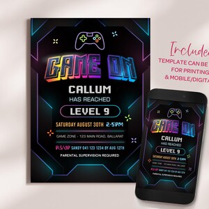 Neon Gaming Invite for Boys, Gamer Party Invitation, Digital Download, Printable, Video Game #GO3 image 4
