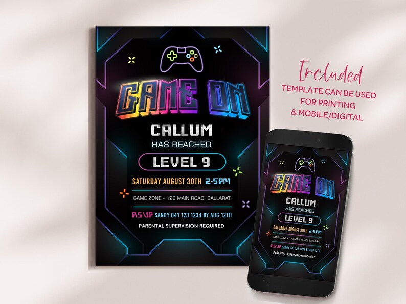 Neon Gaming Invite for Boys, Gamer Party Invitation, Digital Download, Printable, Video Game #GO3 image 4