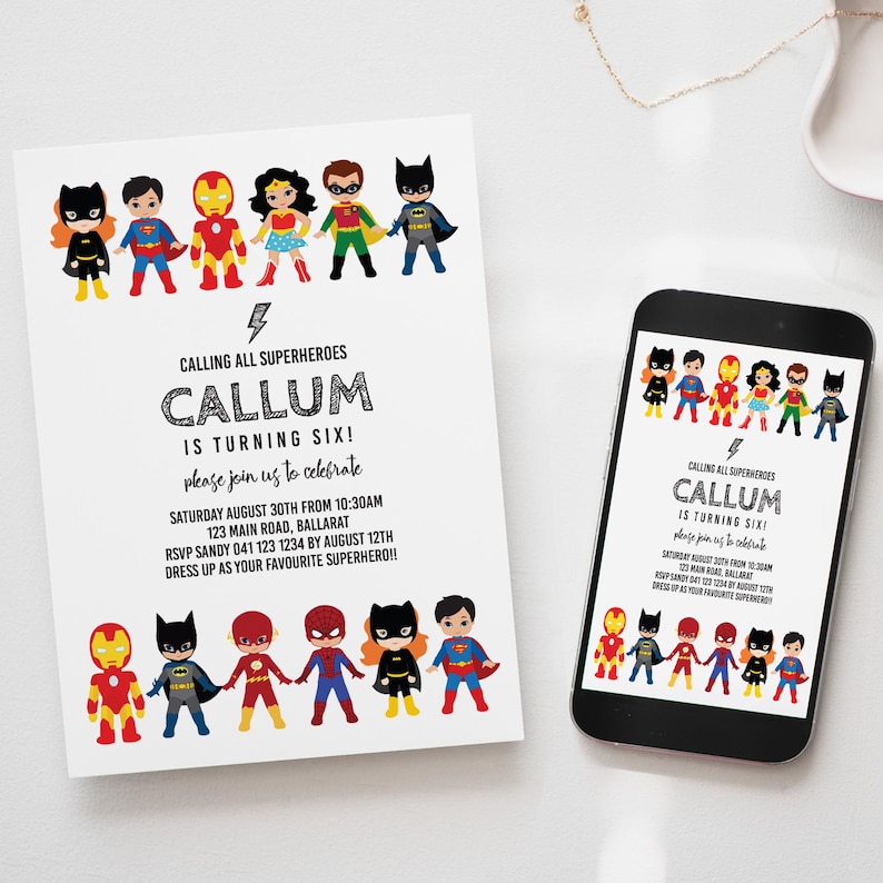 Invitación de superhéroe infantil, estilo caricatura (editable, descarga instantánea) #CH3 imagen 3