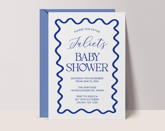 Blue Wavy Border Baby Shower Invite Template: Boy Invitations, Printable Invites #WAV3