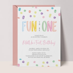 Girly First Birthday Invitation | Editable Digital Pastel Fun to Be One Invite Template, 1st Watercolor Dots Party Printable Invitation #FO3