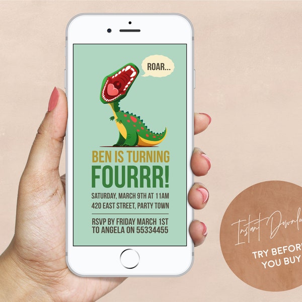 Cute Dinosaur Birthday Invitation Template | Digital Birthday Invitation | Electronic Invite | Phone Invitation | Evite | Instant Download