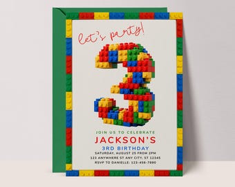 Building Blocks 3rd Birthday Invitations: Editable Canva Template #LG3
