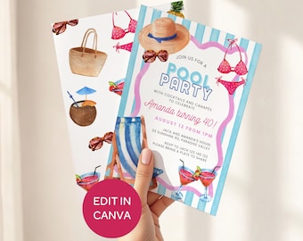 Pool Party Invitation: Watercolor Adults Birthday Invite, Editable Template CANVA #PP1