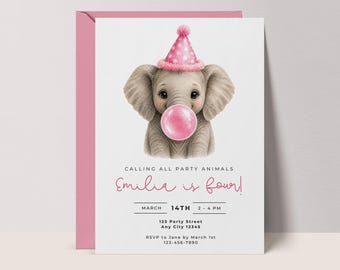Baby Elephant Invitation: Pink Watercolor Birthday Invite, Blowing Bubble, CANVA template #BB1
