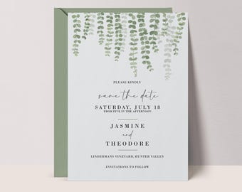 Greenery Save The Date Template: Green Watercolor Leaves Wedding, CANVA #HG3