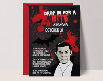 Dracula Halloween Party Invitation: Funny Vampire Drop In For A Bite Template,Printable #DR9