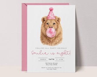 Pink Party Animals Invitation: Girls Watercolor Lion Birthday Invite, Blowing Bubble, CANVA template #BB1