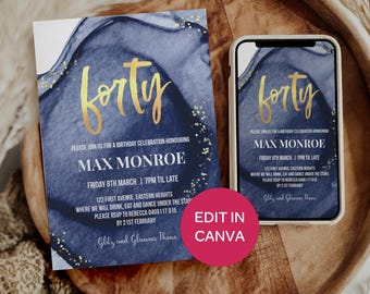 40th Birthday Invitation for Men: Navy and Gold Luxe Invite, Editable Template CANVA #GLX1