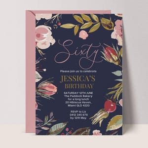 60th Birthday Invitations | Floral 60th Dinner Party, Hand drawn Flower Illustration | Whimsical Style Instant Download, Sixty Moody #MF3