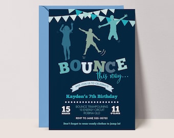Boys Trampoline Party Invitation: Blue Bounce This Way Invite, CANVA template #LJ3