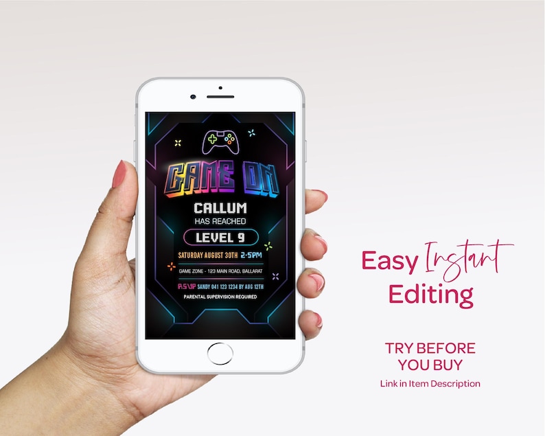 Neon Gaming Invite for Boys, Gamer Party Invitation, Digital Download, Printable, Video Game #GO3 image 6