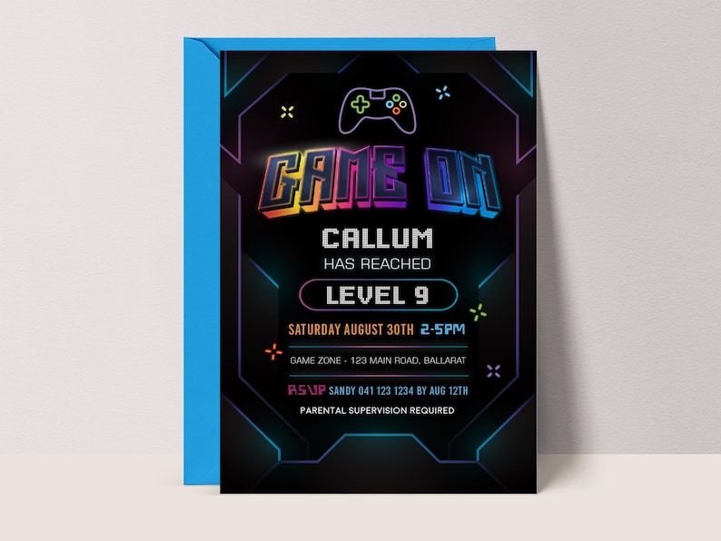 Neon Gaming Invite for Boys, Gamer Party Invitation, Digital Download, Printable, Video Game #GO3 image 1