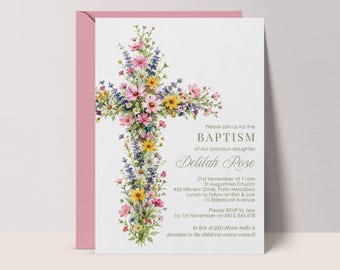 Wildflower baptism invitation, First Communion, Christening, Floral Invite #FB1