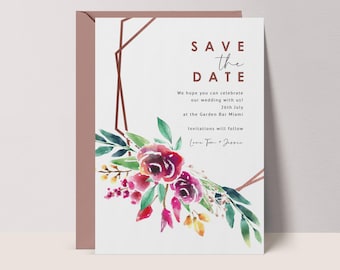 Floral Save The Date Template: Watercolor Flowers Wedding, CANVA #FH3
