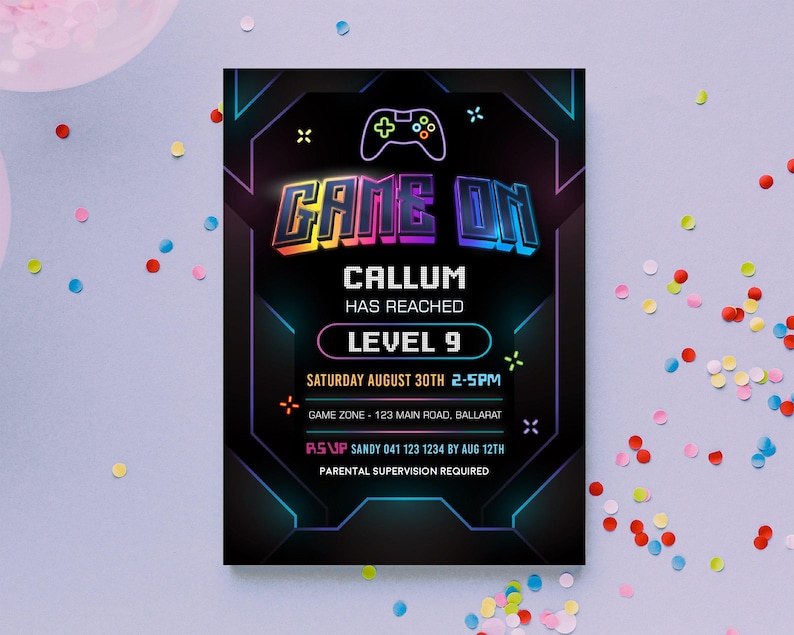 Neon Gaming Invite for Boys, Gamer Party Invitation, Digital Download, Printable, Video Game #GO3 image 2