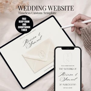 Embossed Monogram Wedding Website with RSVP + Countdown Timer: Ivory Canva Template #EM3