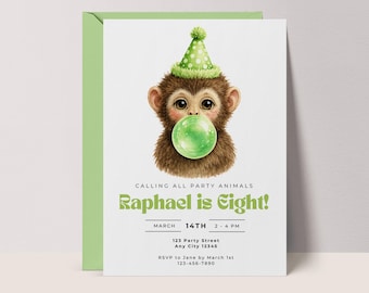 Monkey Invitation: Green Party Animals Birthday Invite, Watercolor Modern Kids, CANVA template #BB1
