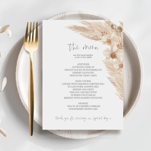 Printable Bohemian Wedding Menus | Custom Wedding Menu Template, Instant Download Printable Boho Pampas Engagement Menu | BOHO PAMPAS #BP3
