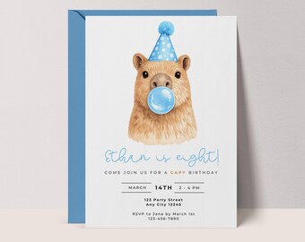 Capybara Invitation: Blue Capy Birthday Invite, Party Animals Blowing Bubble, CANVA template #BB1